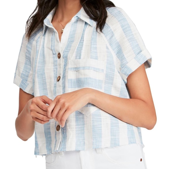 Free People Away At Sea Blue Striped Cotton Top - Picture 1 of 9